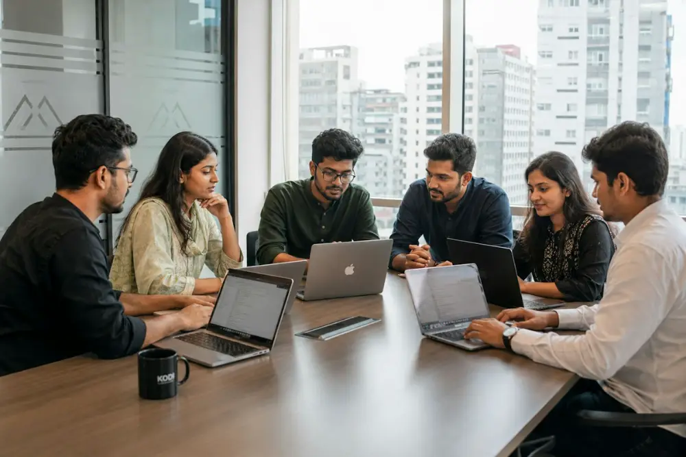 Seis compañeros de trabajo reunidos alrededor de una mesa con portátiles en una oficina con grandes ventanales.